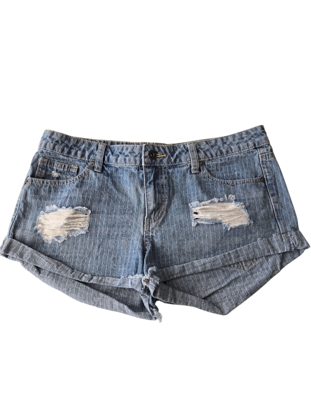 Asphalt Mid Rise Distressed Denim Shorts Size 30 Pinstripe Cuffed Y2K Festival
